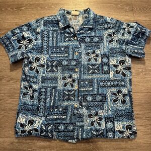 Go Barefoot Hawaiian Shirt Mens Medium Blue Floral Lawn Camp Loop USA‎ Vintage